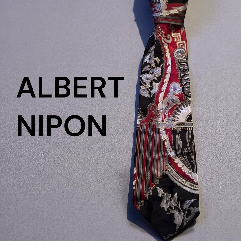 Albert Nipon Vintage Red Black Silk Tie Ornate Baroque Pattern Classic Style